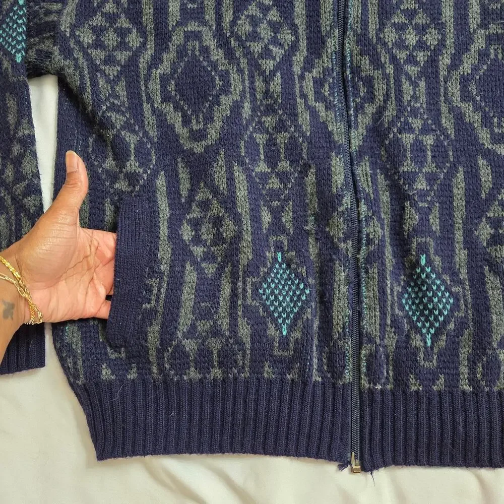 Vintage Grandpa Cardigan Sweater Zip Cosby Wool Blend Itailian Geometric XL